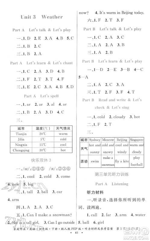 贵州人民出版社2022家庭作业四年级英语下册人教PEP版答案 贵州人民出版社2022家庭作业四年级英语下册人教PEP版答案