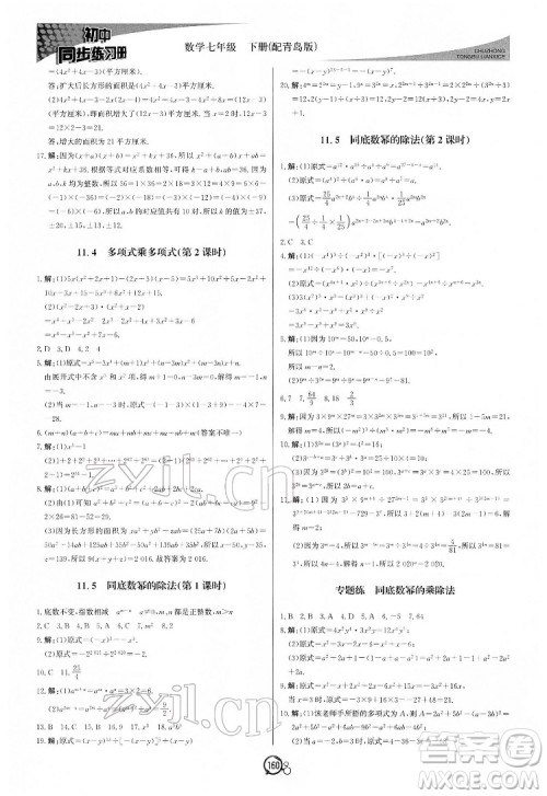 北京教育出版社2022初中同步练习册数学七年级下册青岛版答案