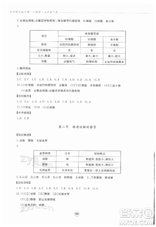 鹭江出版社2022初中同步练习册生物学七年级下册济南版答案