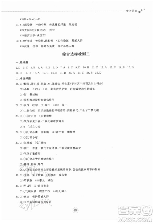 鹭江出版社2022初中同步练习册生物学七年级下册济南版答案 鹭江出版社2022初中同步练习册生物学七年级下册济南版答案