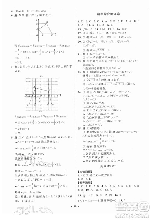 山东教育出版社2022初中同步练习册分层卷数学七年级下册人教版答案