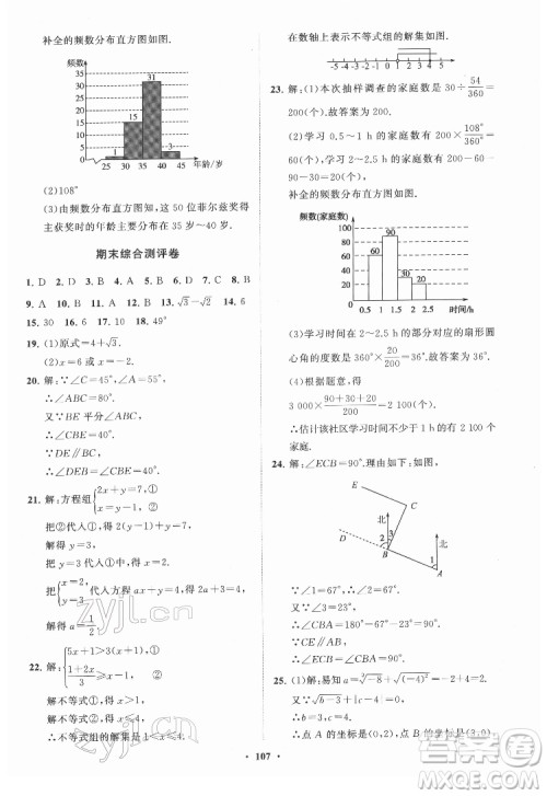 山东教育出版社2022初中同步练习册分层卷数学七年级下册人教版答案