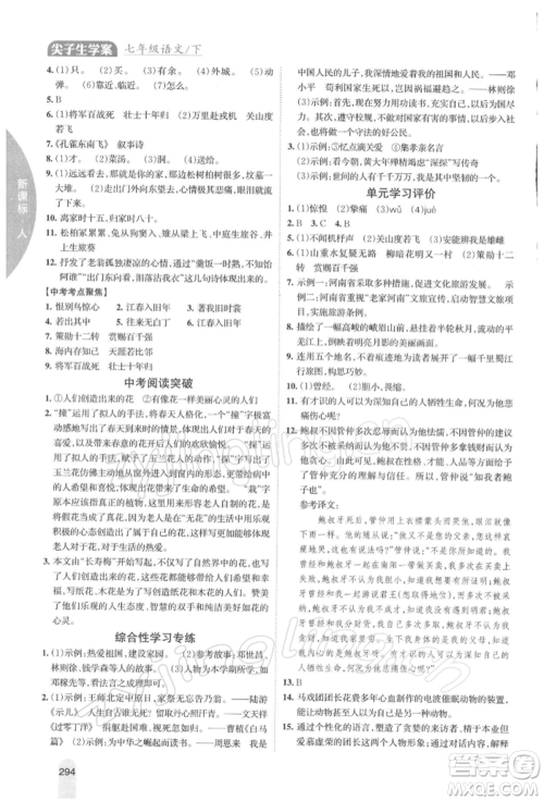 吉林人民出版社2022尖子生学案七年级下册语文人教版参考答案