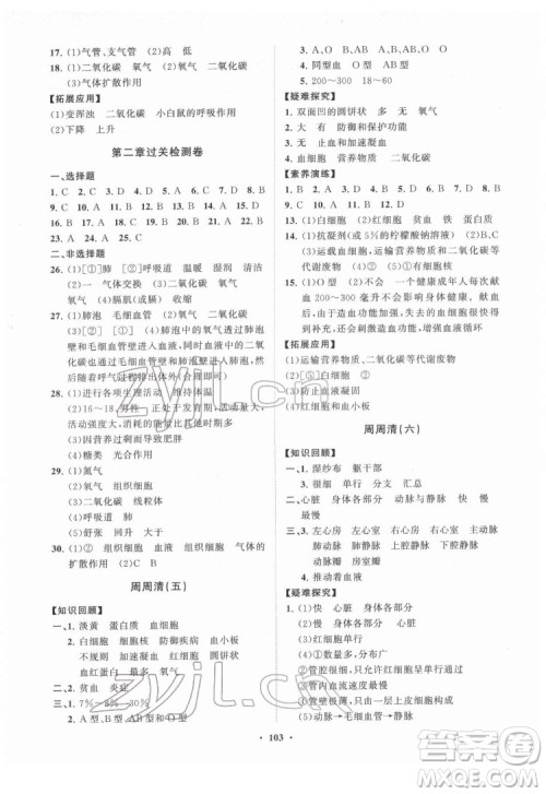 山东教育出版社2022初中同步练习册分层卷生物学七年级下册济南版答案