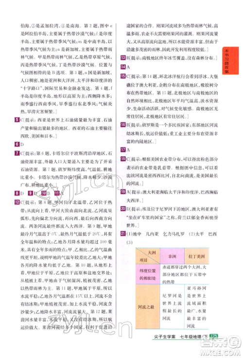 吉林人民出版社2022尖子生学案七年级下册地理湘教版参考答案