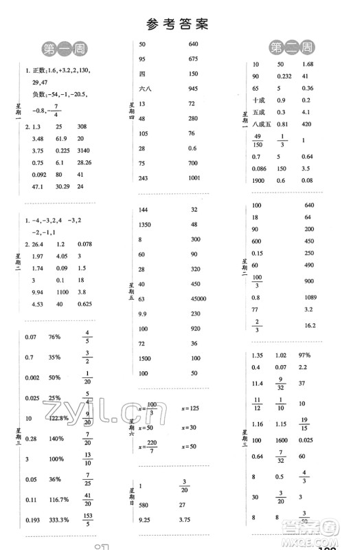 宁夏人民教育出版社2022经纶学典口算达人六年级数学下册RJ人教版答案