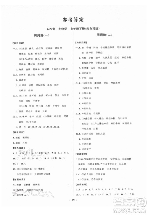 山东教育出版社2022初中同步练习册分层卷生物学七年级下册五四制鲁科版答案 山东教育出版社2022初中同步练习册分层卷生物学七年级下册五四制鲁科版答案