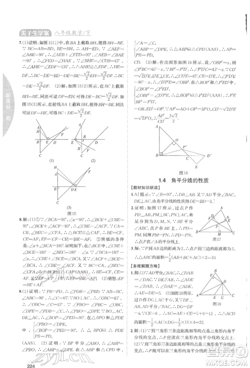 吉林人民出版社2022尖子生学案八年级下册数学湘教版参考答案