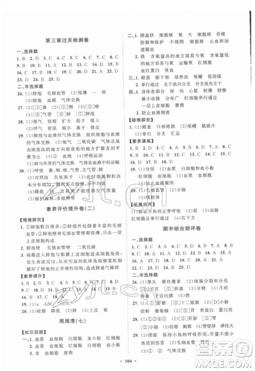 山东教育出版社2022初中同步练习册分层卷生物学七年级下册人教版答案 山东教育出版社2022初中同步练习册分层卷生物学七年级下册人教版答案