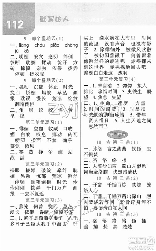 宁夏人民教育出版社2022经纶学典默写达人六年级语文下册RJ人教版答案