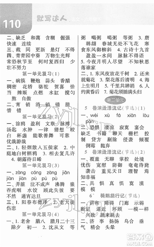 宁夏人民教育出版社2022经纶学典默写达人六年级语文下册RJ人教版答案