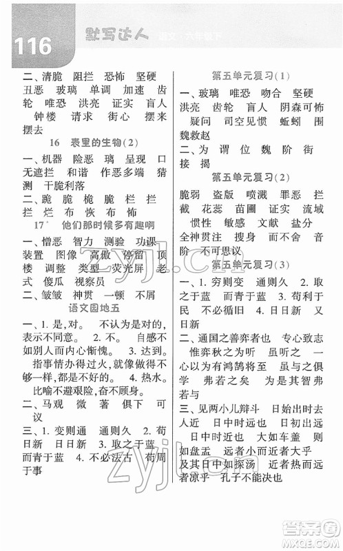 宁夏人民教育出版社2022经纶学典默写达人六年级语文下册RJ人教版答案