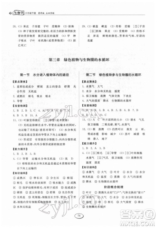 山东科学技术出版社2022初中同步练习册生物学六年级下册五四制鲁科版答案