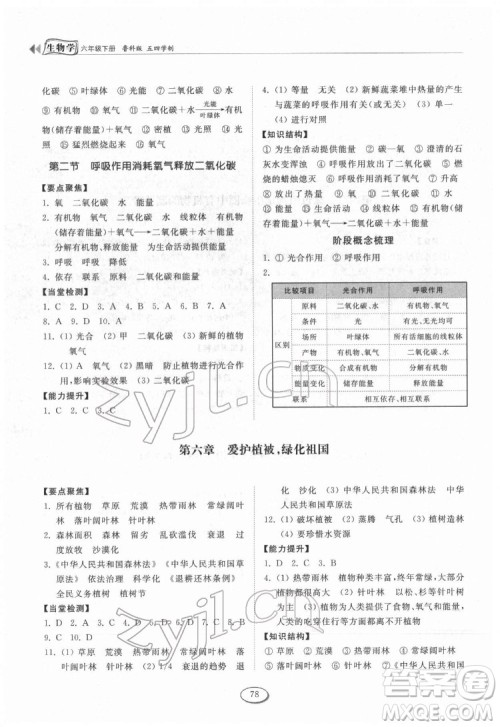 山东科学技术出版社2022初中同步练习册生物学六年级下册五四制鲁科版答案