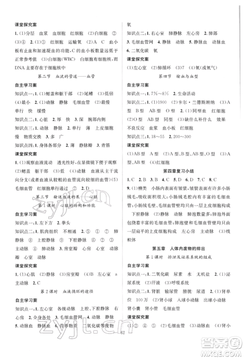 长江少年儿童出版社2022优质课堂导学案七年级下册生物人教版B自主作业参考答案