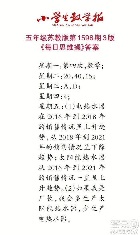 2022春小学生数学报五年级第1598期答案 2022春小学生数学报五年级第1598期答案