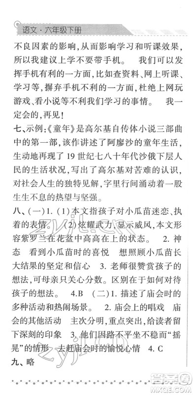 宁夏人民教育出版社2022经纶学典课时作业六年级语文下册R人教版答案