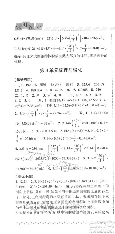 宁夏人民教育出版社2022经纶学典课时作业六年级数学下册RJ人教版答案