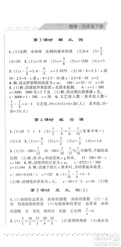 宁夏人民教育出版社2022经纶学典课时作业六年级数学下册RJ人教版答案