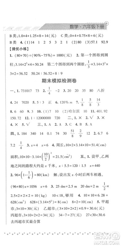 宁夏人民教育出版社2022经纶学典课时作业六年级数学下册RJ人教版答案