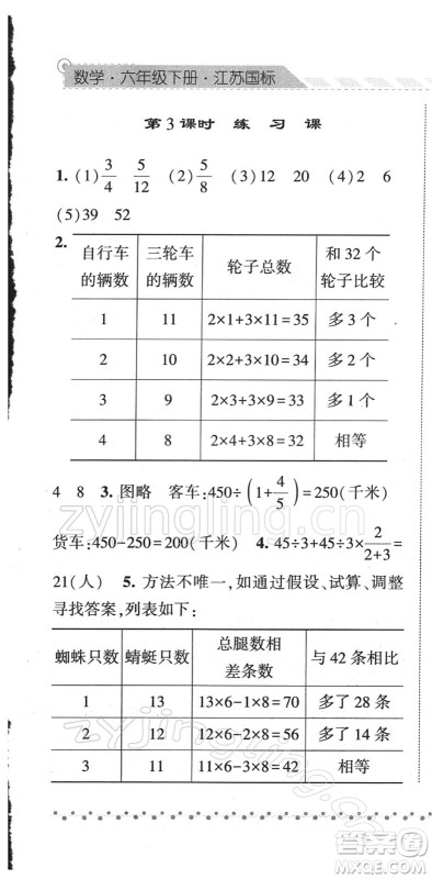 宁夏人民教育出版社2022经纶学典课时作业六年级数学下册江苏国标版答案 宁夏人民教育出版社2022经纶学典课时作业六年级数学下册江苏国标版答案