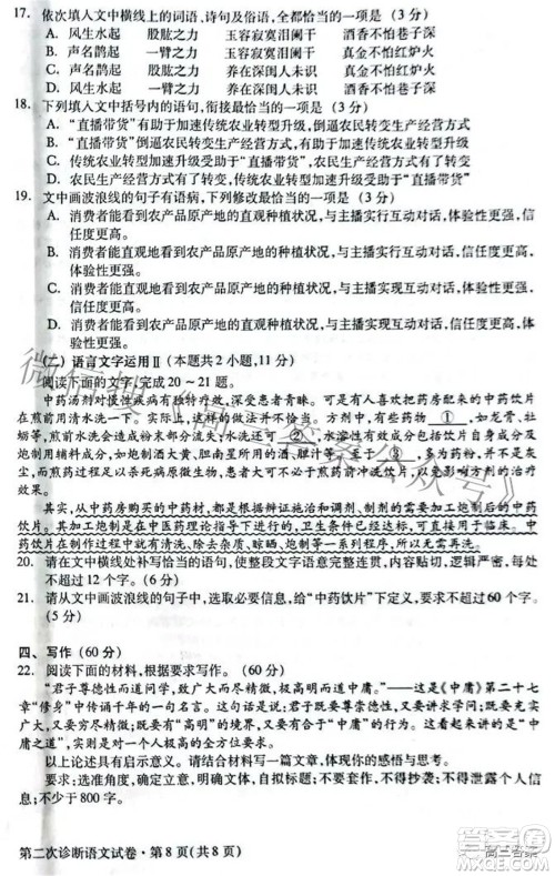 2022年甘肃省第二次高考诊断考试语文试题及答案