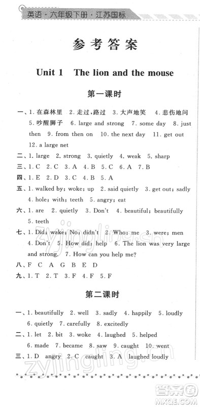 宁夏人民教育出版社2022经纶学典课时作业六年级英语下册江苏国标版答案