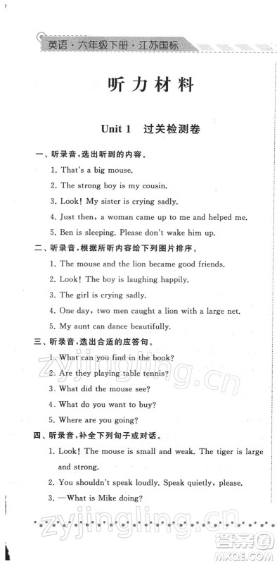 宁夏人民教育出版社2022经纶学典课时作业六年级英语下册江苏国标版答案