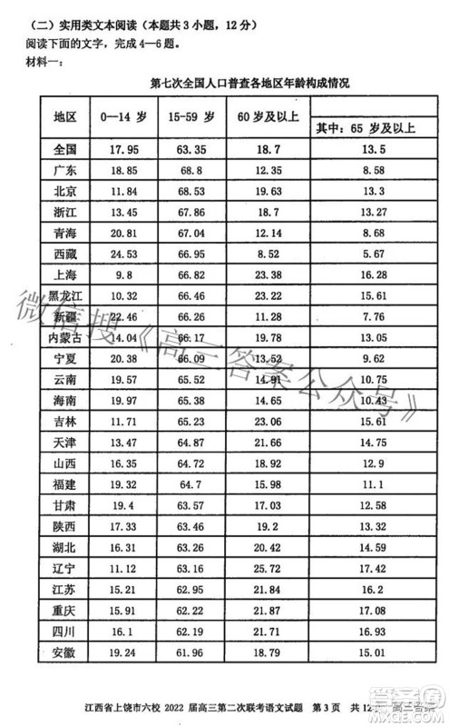 江西省上饶市六校2022高三第二次联考语文试题及答案