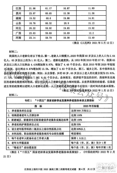 江西省上饶市六校2022高三第二次联考语文试题及答案