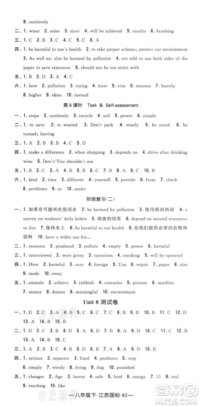 宁夏人民教育出版社2022学霸课时作业八年级英语下册江苏国标版答案