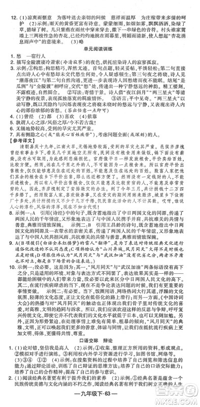 宁夏人民教育出版社2022学霸课时作业九年级语文下册部编版答案