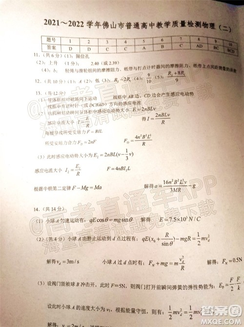 2021-2022学年佛山市普通高中高三教学质量检测二物理试题及答案