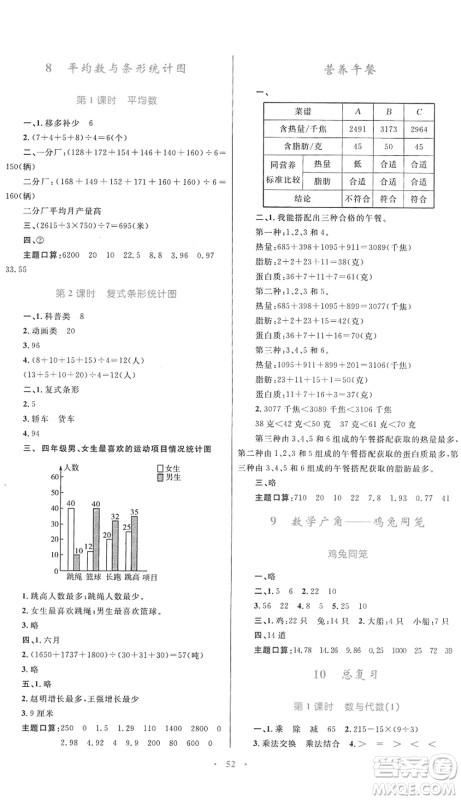 内蒙古教育出版社2022小学同步学习目标与检测四年级数学下册人教版答案