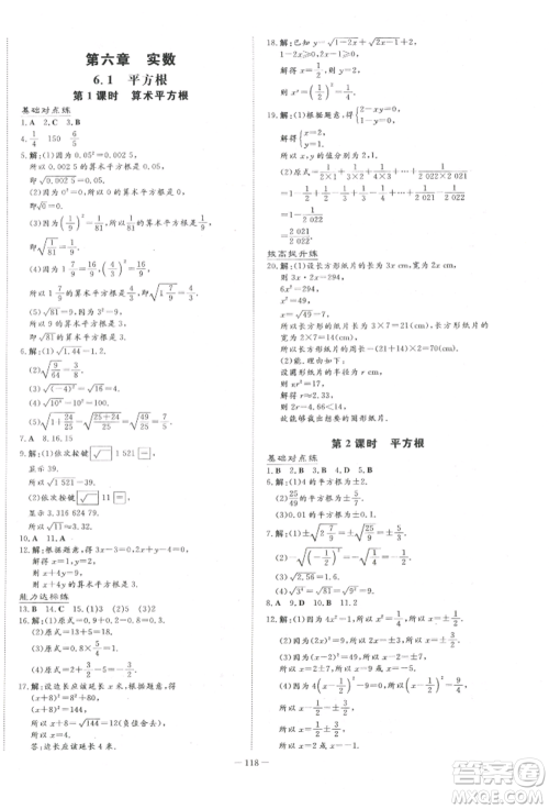 吉林教育出版社2022练案课时作业本七年级下册数学人教版参考答案