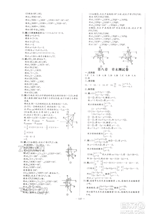 吉林教育出版社2022练案课时作业本七年级下册数学人教版参考答案