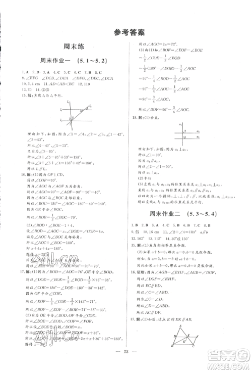 吉林教育出版社2022练案课时作业本七年级下册数学人教版参考答案