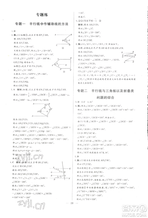 吉林教育出版社2022练案课时作业本七年级下册数学人教版参考答案