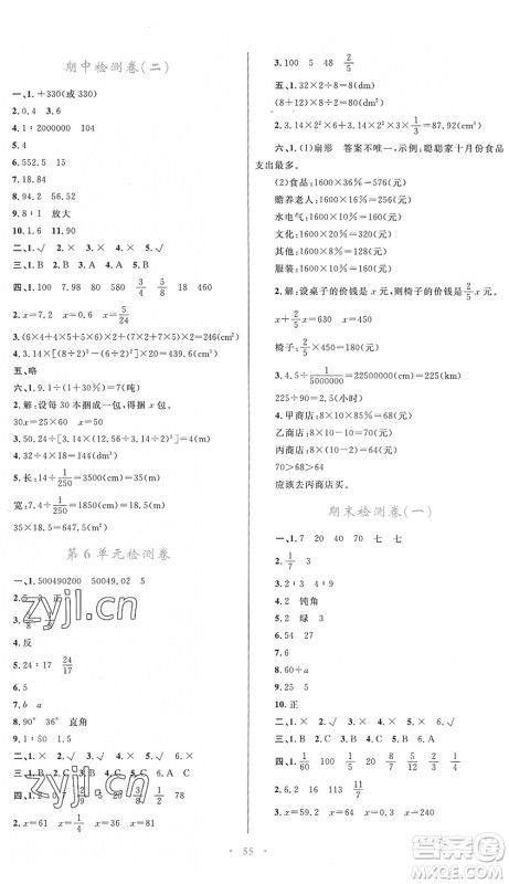 内蒙古教育出版社2022小学同步学习目标与检测六年级数学下册人教版答案