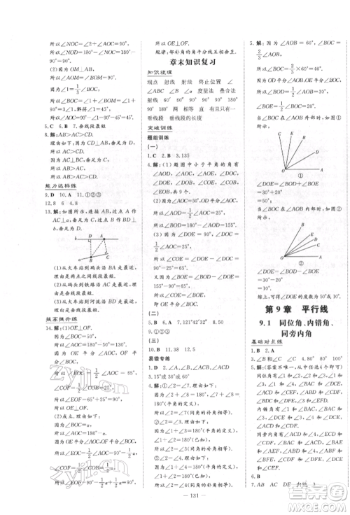 吉林教育出版社2022练案课时作业本七年级下册数学青岛版参考答案