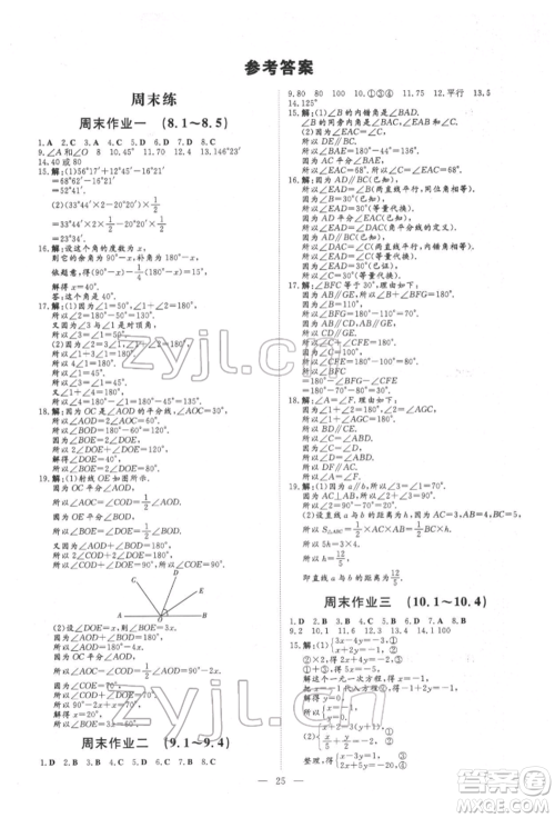 吉林教育出版社2022练案课时作业本七年级下册数学青岛版参考答案