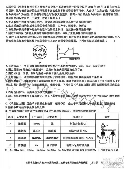 江西省上饶市六校2022高三第二次联考理科综合试题及答案 江西省上饶市六校2022高三第二次联考理科综合试题及答案