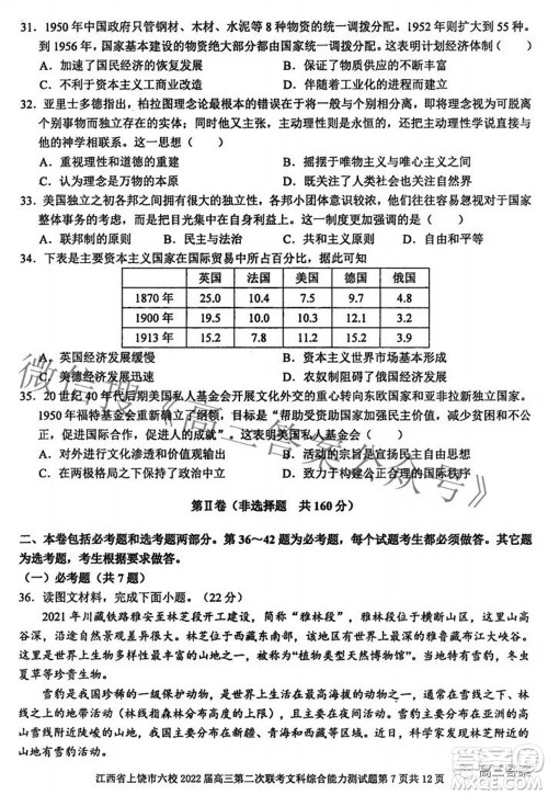江西省上饶市六校2022高三第二次联考文科综合试题及答案 江西省上饶市六校2022高三第二次联考文科综合试题及答案