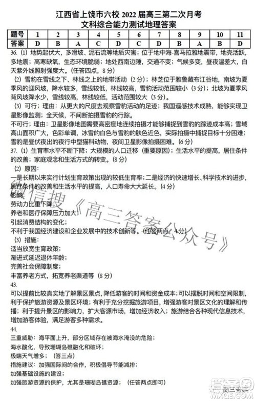 江西省上饶市六校2022高三第二次联考文科综合试题及答案 江西省上饶市六校2022高三第二次联考文科综合试题及答案