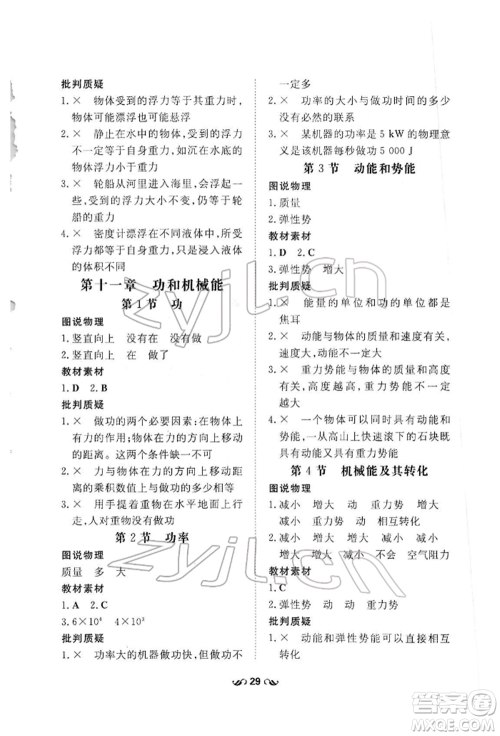 吉林教育出版社2022练案课时作业本八年级下册物理人教版参考答案