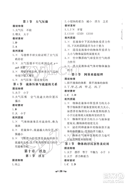 吉林教育出版社2022练案课时作业本八年级下册物理人教版参考答案
