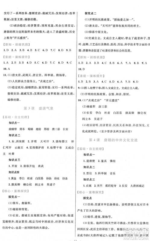 内蒙古教育出版社2022初中同步学习目标与检测七年级历史下册人教版答案