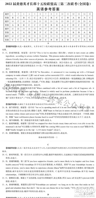 2022届炎德英才长郡十五校联盟高三第二次联考全国卷英语答案