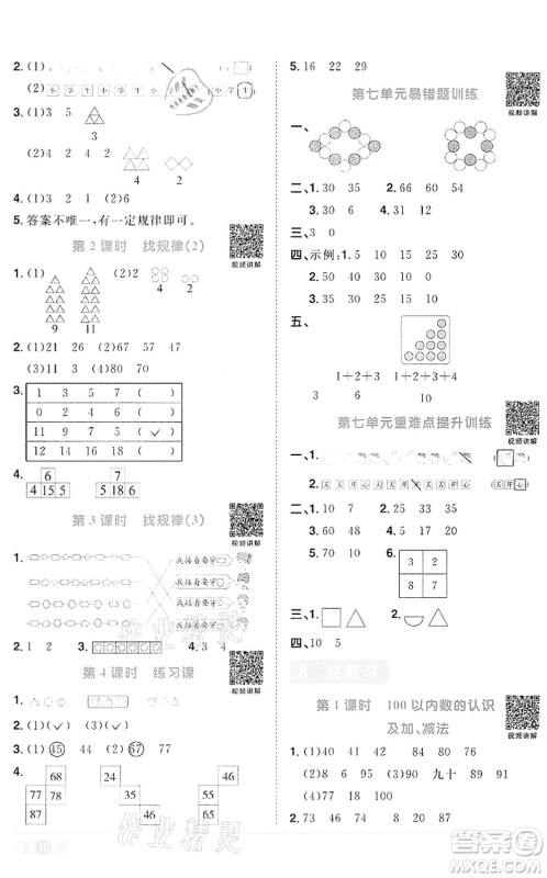 浙江教育出版社2022阳光同学课时达标训练一年级数学下册R人教版浙江专版答案