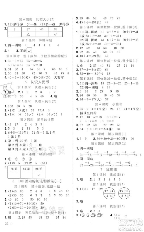 浙江教育出版社2022阳光同学课时达标训练一年级数学下册R人教版浙江专版答案